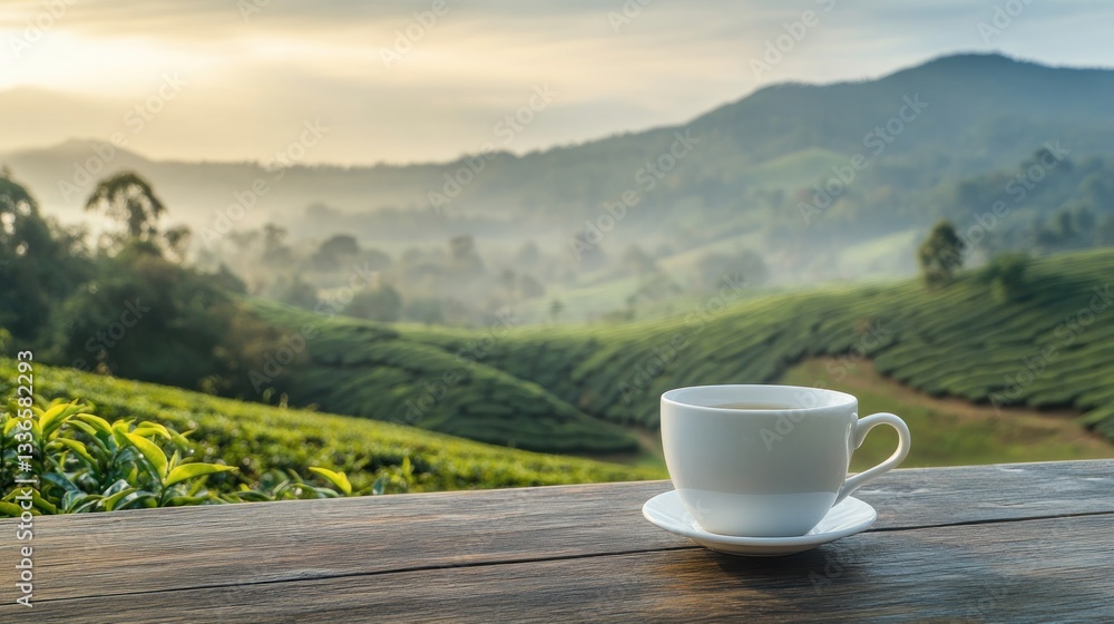 Serene Sunrise Tea: A cup of tranquility amidst rolling hills of a tea plantation, bathed in the golden light of dawn. Serene Sunrise Tea: A cup of tranquility amidst rolling hills of a tea plantation, bathed in the golden light of dawn.
