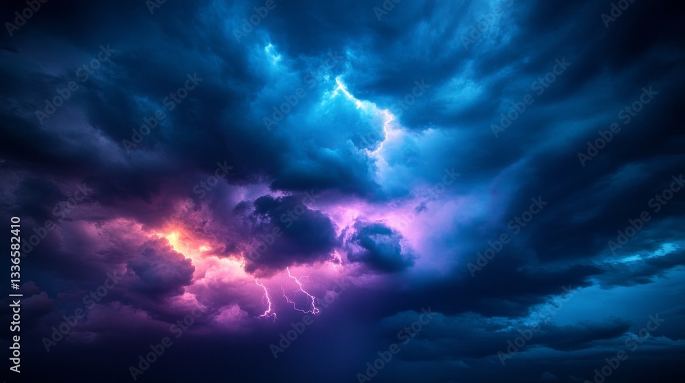 Lightning bolts illuminate the turbulent sky, casting electric hues of purple and blue amidst swirling dark clouds. A dramatic display hints at an impending storm's power over nature Lightning bolts illuminate the turbulent sky, casting electric hues of purple and blue amidst swirling dark clouds. A dramatic display hints at an impending storm's power over nature