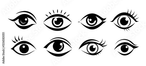Collection of eye icons, various shapes, black design, represents vision and perception concept