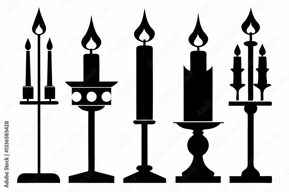 set of candlestick with candles line art silhouette vector illustration set of candlestick with candles line art silhouette vector illustration