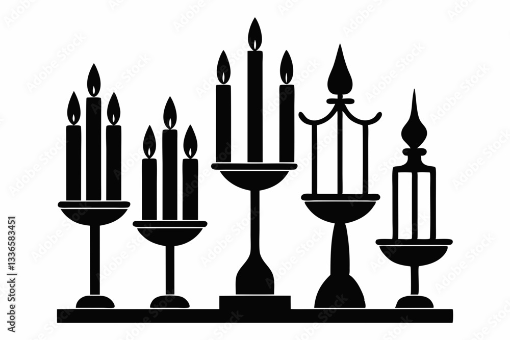 set of candlestick with candles line art silhouette vector illustration set of candlestick with candles line art silhouette vector illustration