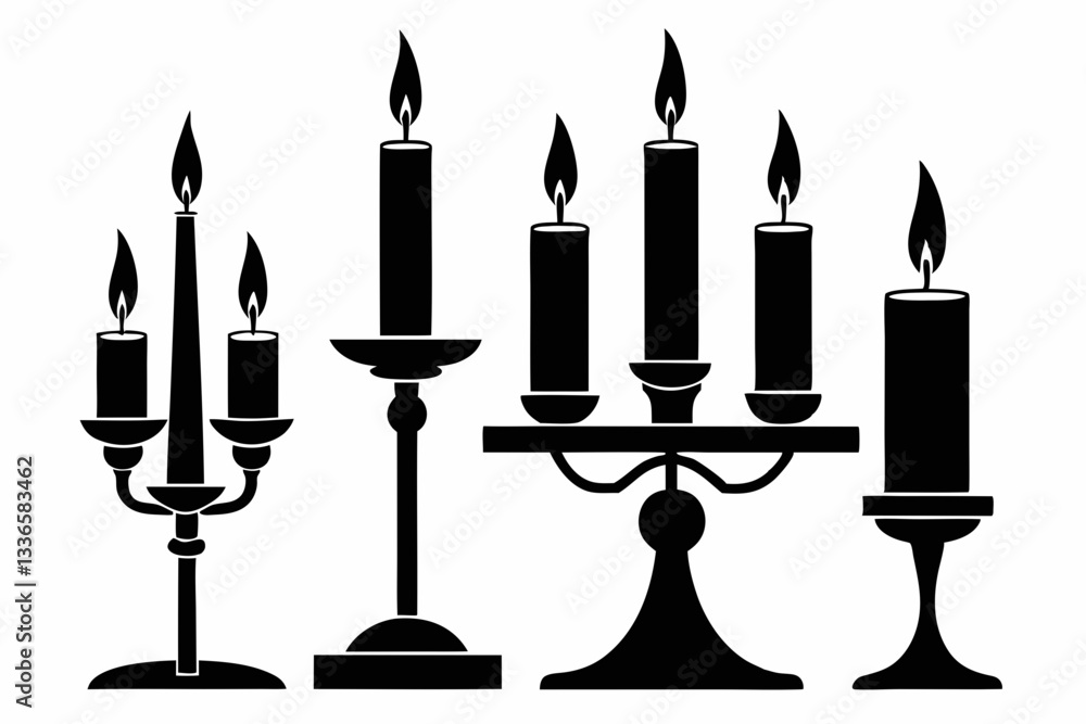 set of candlestick with candles line art silhouette vector illustration set of candlestick with candles line art silhouette vector illustration