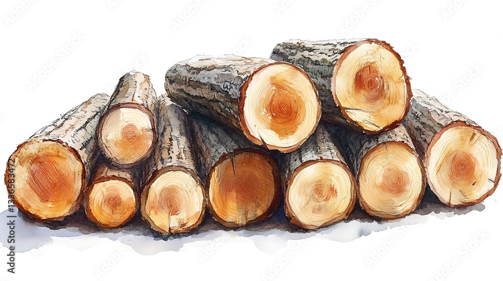 Stacked Wood Logs Watercolor Painting Rural Scene Stacked Wood Logs Watercolor Painting Rural Scene