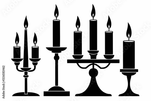 set of candlestick with candles line art silhouette vector illustration