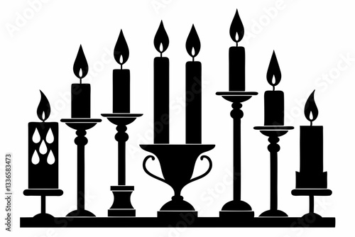 set of candlestick with candles line art silhouette vector illustration