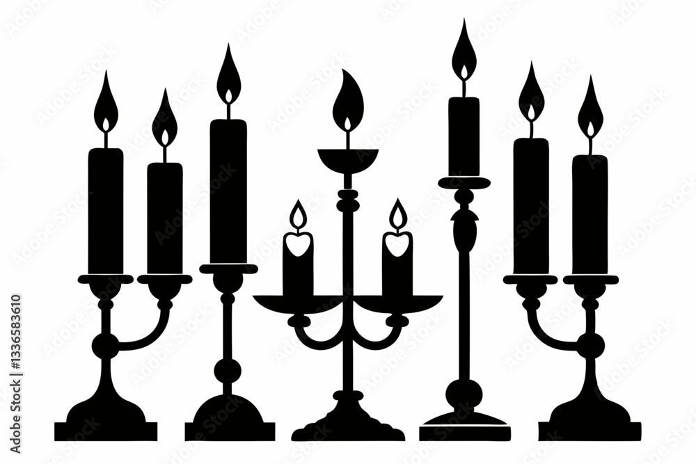 set of candlestick with candles line art silhouette vector illustration set of candlestick with candles line art silhouette vector illustration