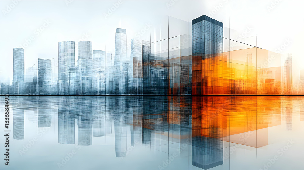 Modern City Skyline at Sunset: Urban Development, Architecture, and Business Growth Reflected in Water Modern City Skyline at Sunset: Urban Development, Architecture, and Business Growth Reflected in Water