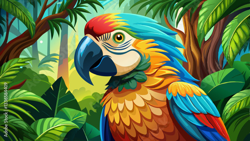 Close up of colorful macaw ara parrot in the jungle forest on a sunny day
