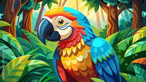 Close up of colorful macaw ara parrot in the jungle forest on a sunny day