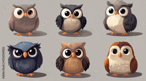 Wallpaper Mural A set of six chubby and expressive cartoon owls with big eyes, designed for kids' illustrations and nursery decor. Torontodigital.ca
