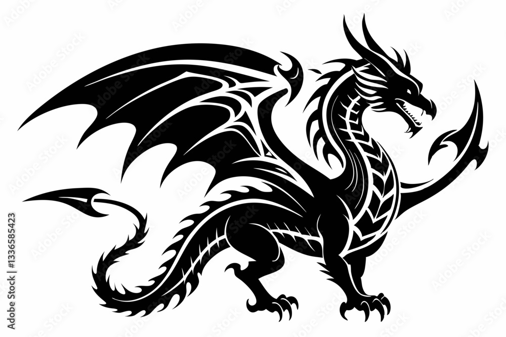 Naklejka premium tattoo dragon line art silhouette vector illustration
