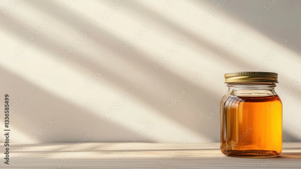 A glass jar filled with golden liquid sits on a surface, illuminated by soft light and shadows, creating a warm and inviting atmosphere. A glass jar filled with golden liquid sits on a surface, illuminated by soft light and shadows, creating a warm and inviting atmosphere.