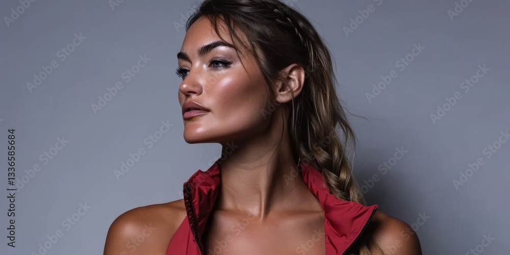 Portrait of a woman with striking features and confident expression in soft lighting Portrait of a woman with striking features and confident expression in soft lighting