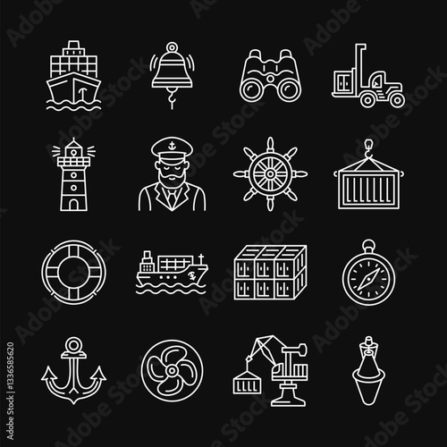 Sea port line vector white icon set on black background. Shipping industry collection with ship, captain, container, bell, anchor, crane, reach stacker, compass. Editable stroke.