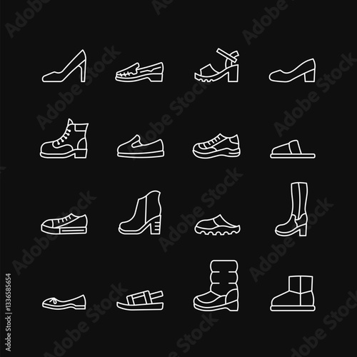 Woman shoe line white icon set on black background. Boot, sandal, moccasin, slipper, mule flat sign. Editable stroke. Vector illustration.