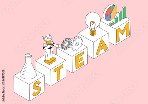 STEAM教育の文字とこどもの未来教育をイメージするアイソメトリック構図のイラスト
