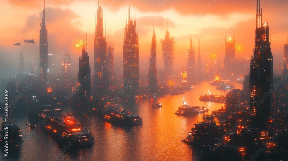 Obraz premium Futuristic Cityscape at Sunset: A Cyberpunk Metropolis