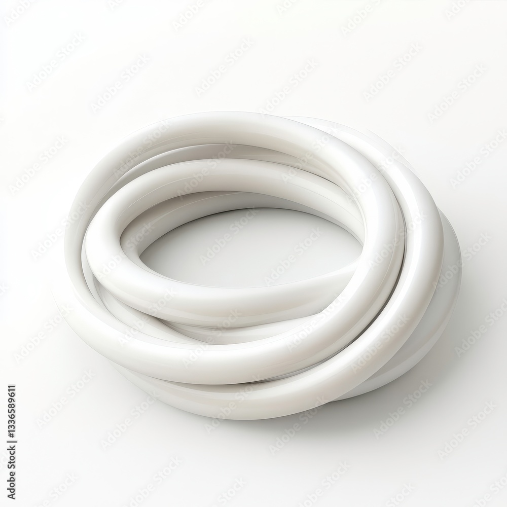 A matte white rubber tube with a soft, flexible texture, coiled into a loose spiral, creating an organic shape. A matte white rubber tube with a soft, flexible texture, coiled into a loose spiral, creating an organic shape.