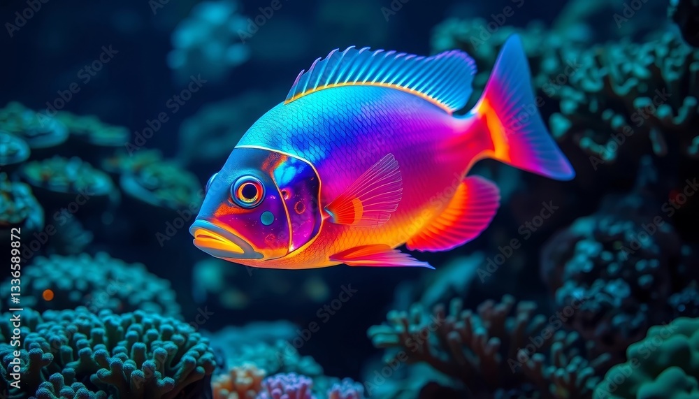 Vibrant Marine Fish with Iridescent Scales Swimming Amidst Coral Reef Vibrant Marine Fish with Iridescent Scales Swimming Amidst Coral Reef