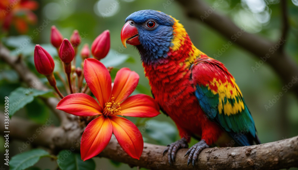 Naklejka premium vibrant parrot perched on branch beside striking red flower, showcasing nature beauty