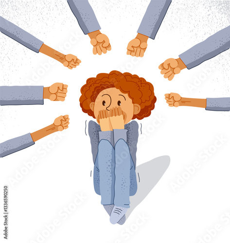 Bullying vector concept, clenched fists threats little scared boy kid victim, psychological abuse, violence against children, problem of cruel behavior in social groups, bad school classmates.