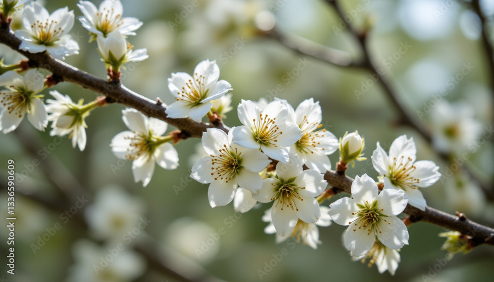 Beautiful close up of white cherry blossoms on branch, showcasing delicate petals and vibrant green leaves Beautiful close up of white cherry blossoms on branch, showcasing delicate petals and vibrant green leaves
