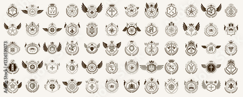 Heraldic Coat of Arms vector big set, vintage antique heraldic badges and awards collection, symbols in classic style design elements, family or business logos.