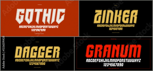Brutal geometric vector fonts set, bold and massive alphabet typefaces, strong and heavy typeset collection, useful for logo creation, urban letters set.