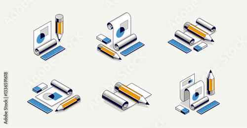 Engineering project concept set, paper document blueprint with pencil engineer work job vector 3D isometric illustration, abstract plan drawing, cad scheme icon.