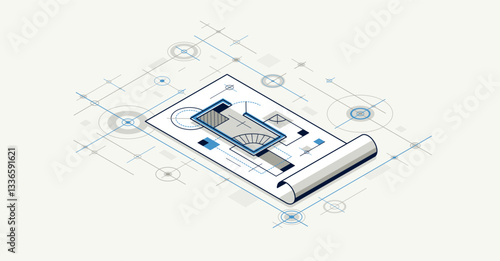 Engineering project concept, paper document blueprint engineer work vector 3D isometric illustration, abstract draft drawing, cad technical plan.