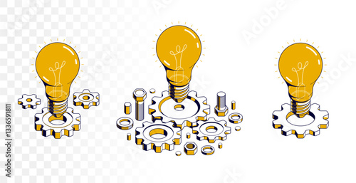 Innovation, invention and solution concept set, light bulb with gear vector 3D isometric illustration or icon, technology and technics, mechanical engineering.