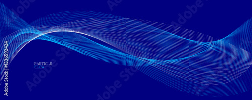 Blue dots in motion dark vector abstract background, particles array wavy flow, curve lines of points in movement, technology and science illustration.