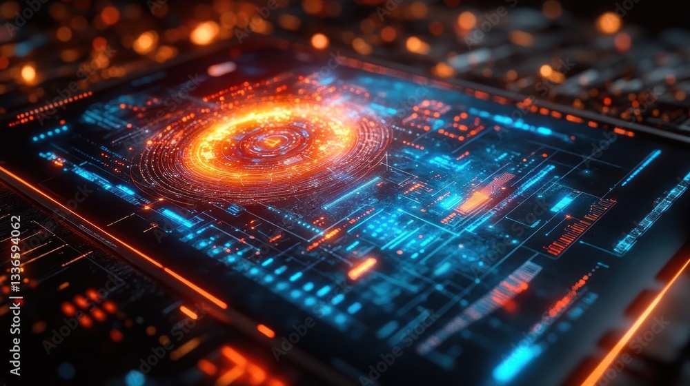 Obraz premium Futuristic Technology Interface: Digital Circuitry and Glowing Orb