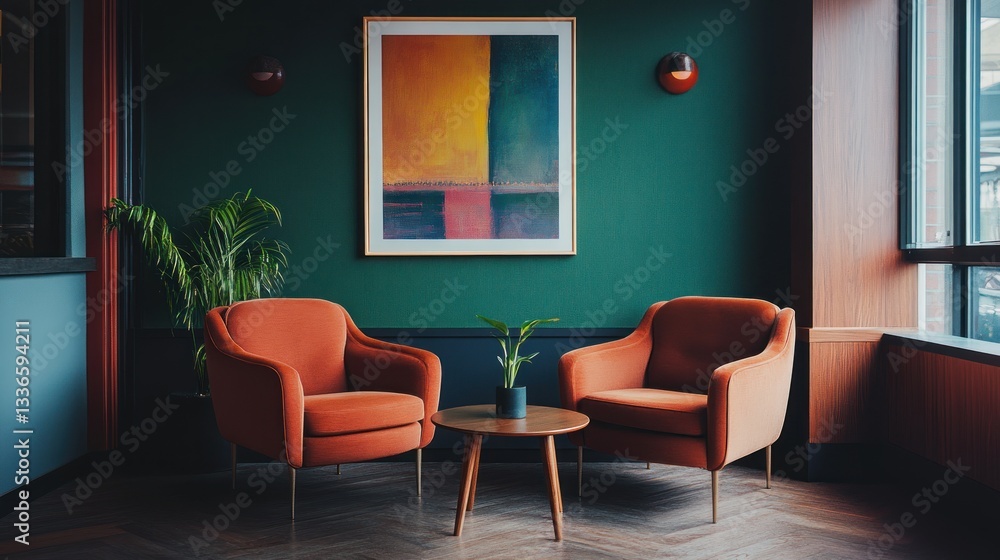Fototapeta premium Modern Interior With Vibrant Chairs and Art in a Stylish Lounge Setting