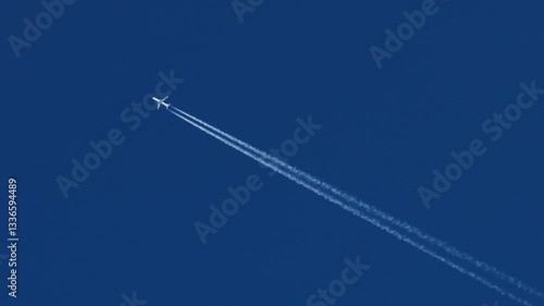 The journey begins, plane flies high in the blue sky, leaving a white trail. Jet airplane flying overhead in clear blue sky and leaving nice contrail. Plane smoothly as it flies through the sky