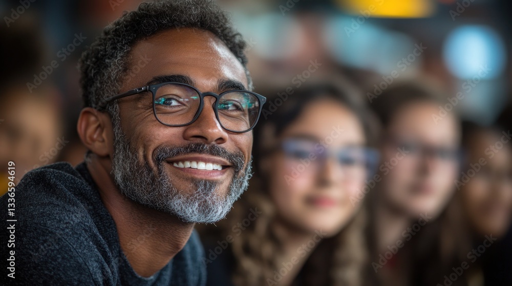 Fototapeta premium Smiling Man with Glasses in a Crowd