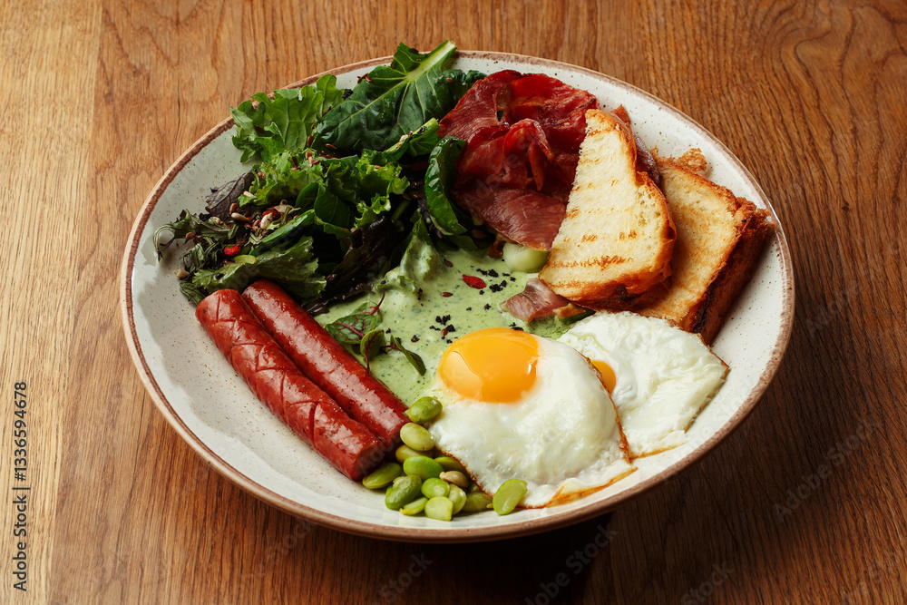 Delicious breakfast plate with fried eggs, grilled sausages, crispy bacon, toasted bread, fresh green salad. Healthy and nutritious morning meal on a wooden table