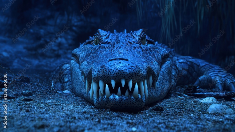Fototapeta premium Close-Up of a Crocodile in a Mysterious Blue Habitat Environment