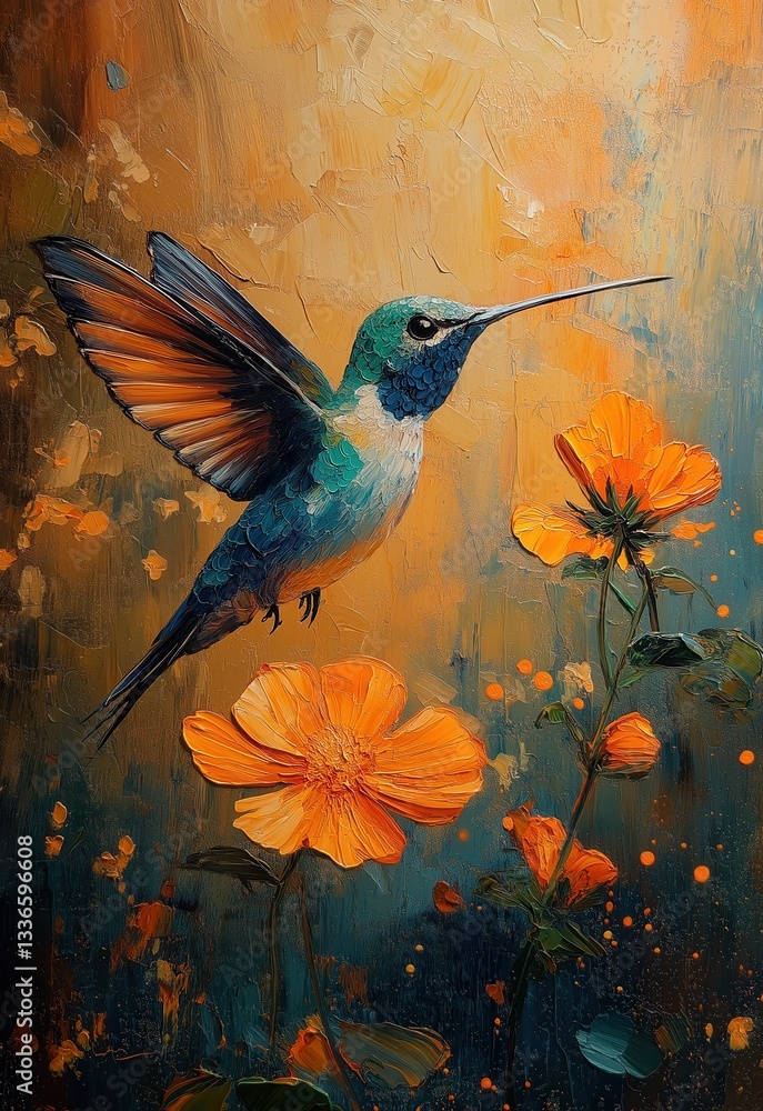 Fototapeta premium Oil painting, hummingbird and flower.