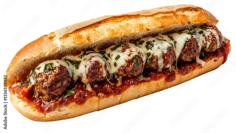 A meatball sub with marinara sauce and melted mozzarella cheese on a soft roll