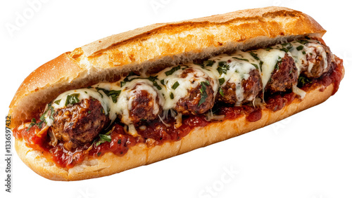 Obraz na płótnie A meatball sub with marinara sauce and melted mozzarella cheese on a soft roll w salonie
