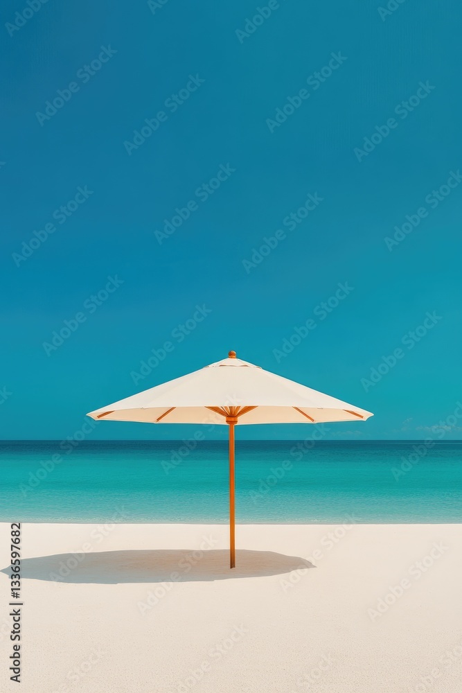 Pristine Beach with White Sand and Solitary Umbrella Under Clear Blue Skies Pristine Beach with White Sand and Solitary Umbrella Under Clear Blue Skies