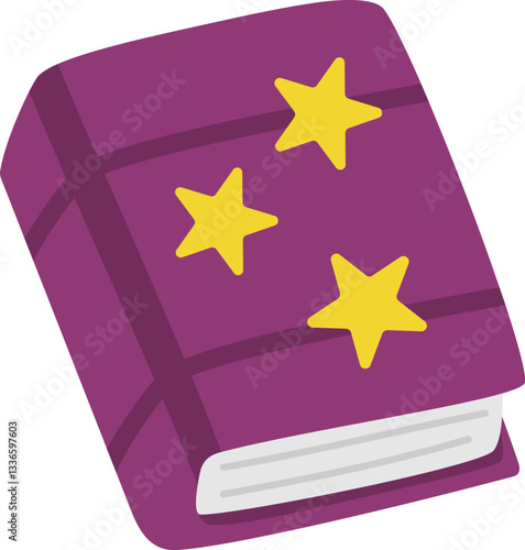 Vector spell book with stars, front view. Back to school or fairytale educational clipart. Cute flat copybook or spellbook. Blank sheets of paper. Fairy or witch magic object