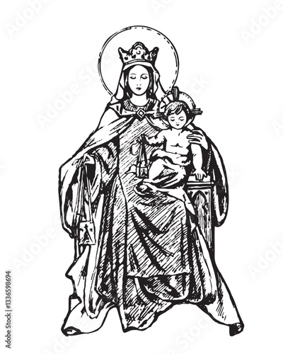 Our Lady of Mount Carmel Illustration Virgin Mary and Child Jesus Catholic religious vector
