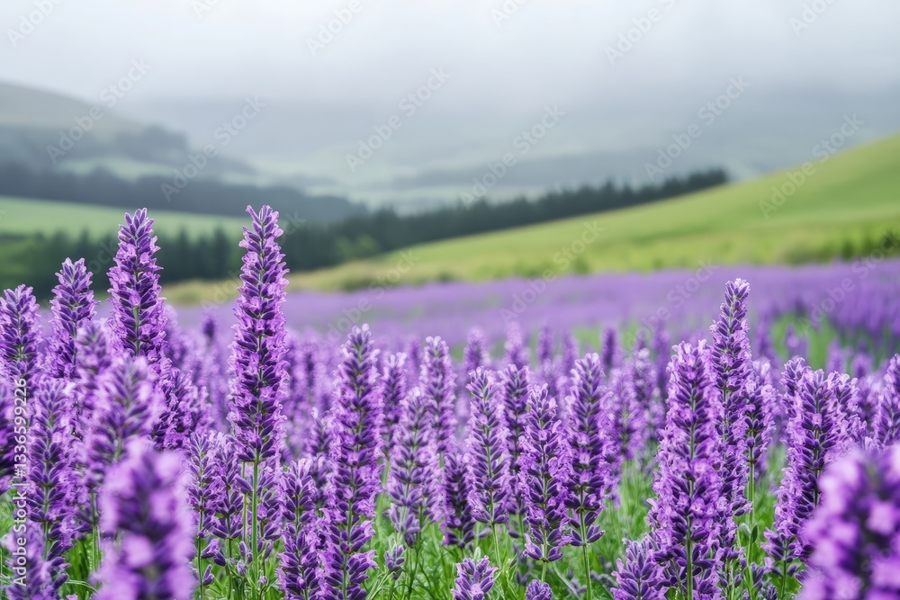 Lavender field blooms in a misty landscape. Lush purple flowers fill the foreground, with rolling hills and distant trees in soft focus Lavender field blooms in a misty landscape. Lush purple flowers fill the foreground, with rolling hills and distant trees in soft focus
