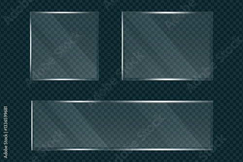 Flat glass frames of geometric shape empty, Glass transparent realistic effect texture set, Shining glare on transparent mirror surface, Vector illustration.