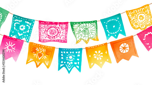 Colorful papel picado banners of Cinco de Mayo on a transparent background celebrating culture 