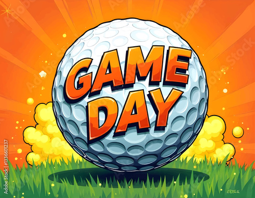 golf game day text on ball, retro colorful golf ball word banner poster, Retro golf lettering design with ball, graffiti style sport text design, Pop art golf wording on red background art	