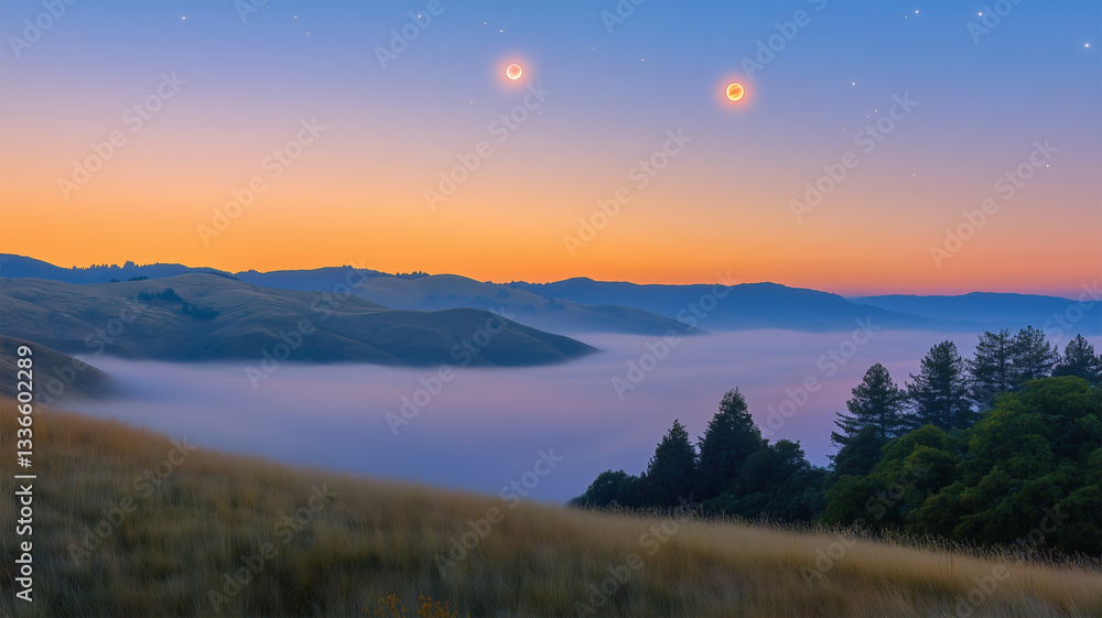 Fototapeta premium 霧に包まれた丘と朝焼けに輝く金星と木星、幻想的な夜明け