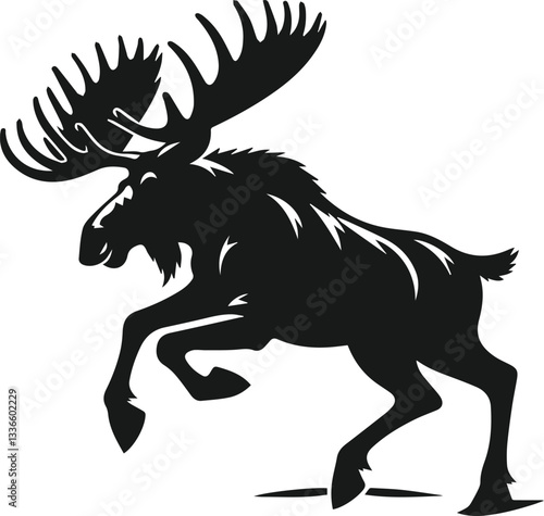 Vector illustration of a moose with antlers tilted forward and preparing to attack